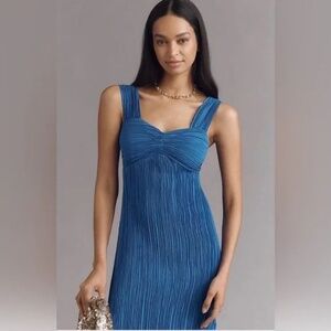 ANTHROPOLOGIE Pleated Satin Midi Dress Blue NWT Size XS Women’s